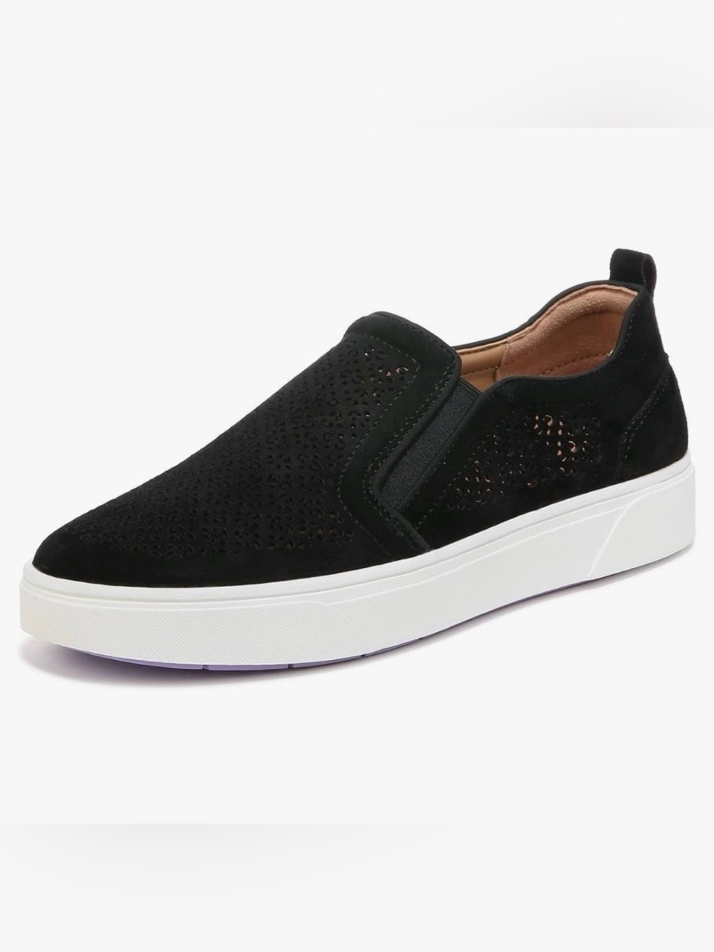 Vionic Black Perforated Slip-On Suede Sneaker with White Platform Sole